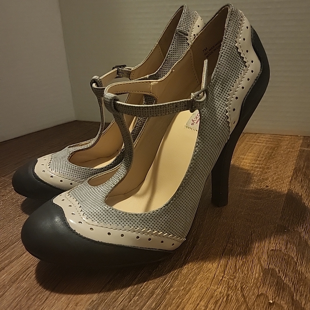Elegant Black and Cream T-Strap Heels